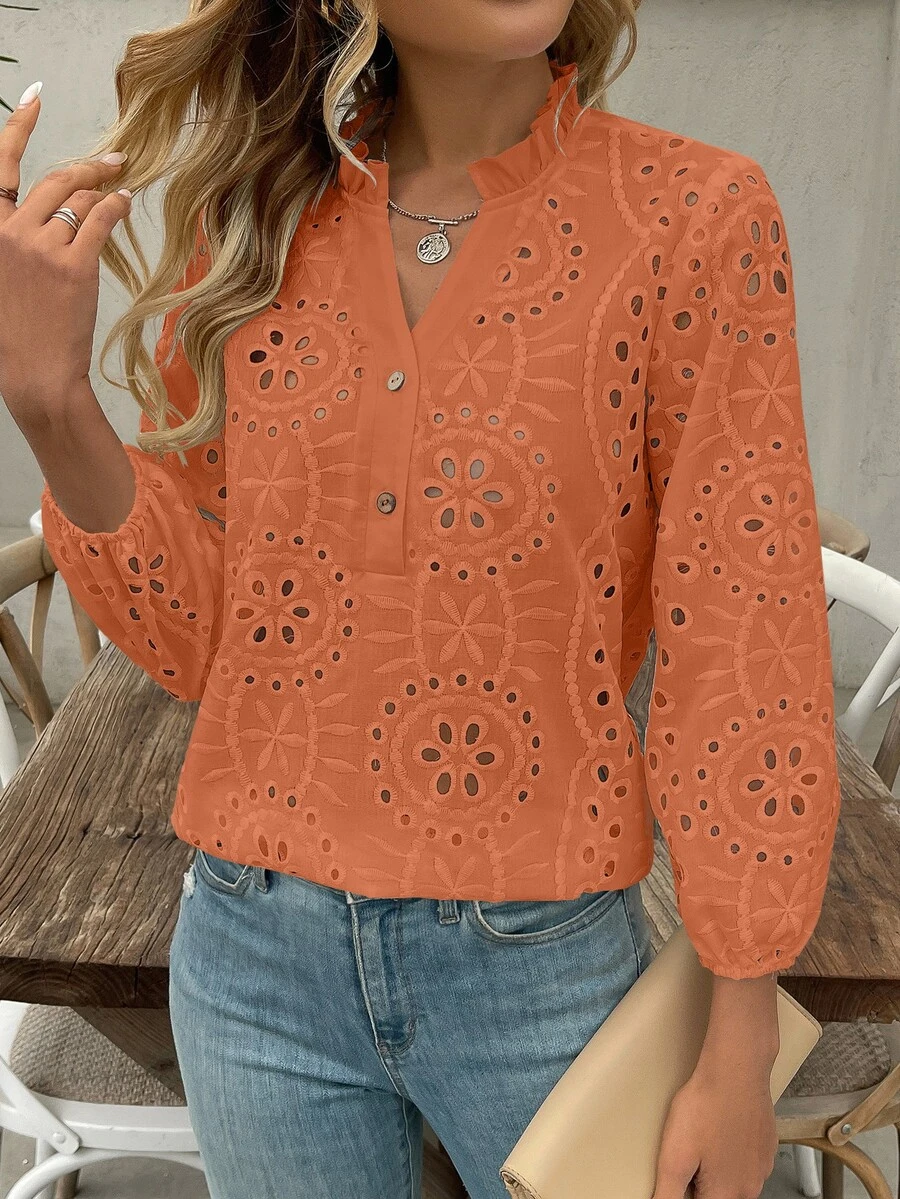 EMERY ROSE Women's V-Neck Ruffle Trim Button Embroidery Hollow Long Sleeve Casual Linen Blouse - Orange - View 1