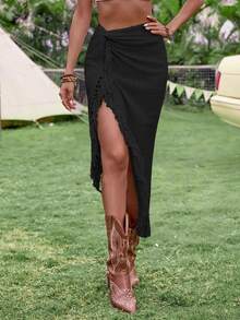 EMERY ROSE Women Solid Color Twisted Fringe Asymmetrical Hem Skirt Vacation Beach Fall For Women - Black - View 1