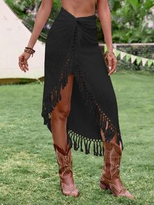EMERY ROSE Women Solid Color Twisted Fringe Asymmetrical Hem Skirt Vacation Beach Fall For Women - Black - View 5