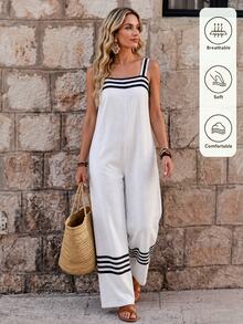 EMERY ROSE Bộ jumpsuit nữ màu kaki kẻ sọc phối màu, dáng rộng thoải mái, có túi, thích hợp cho nữ đi nghỉ mát. - Nhiều màu - Xem 3