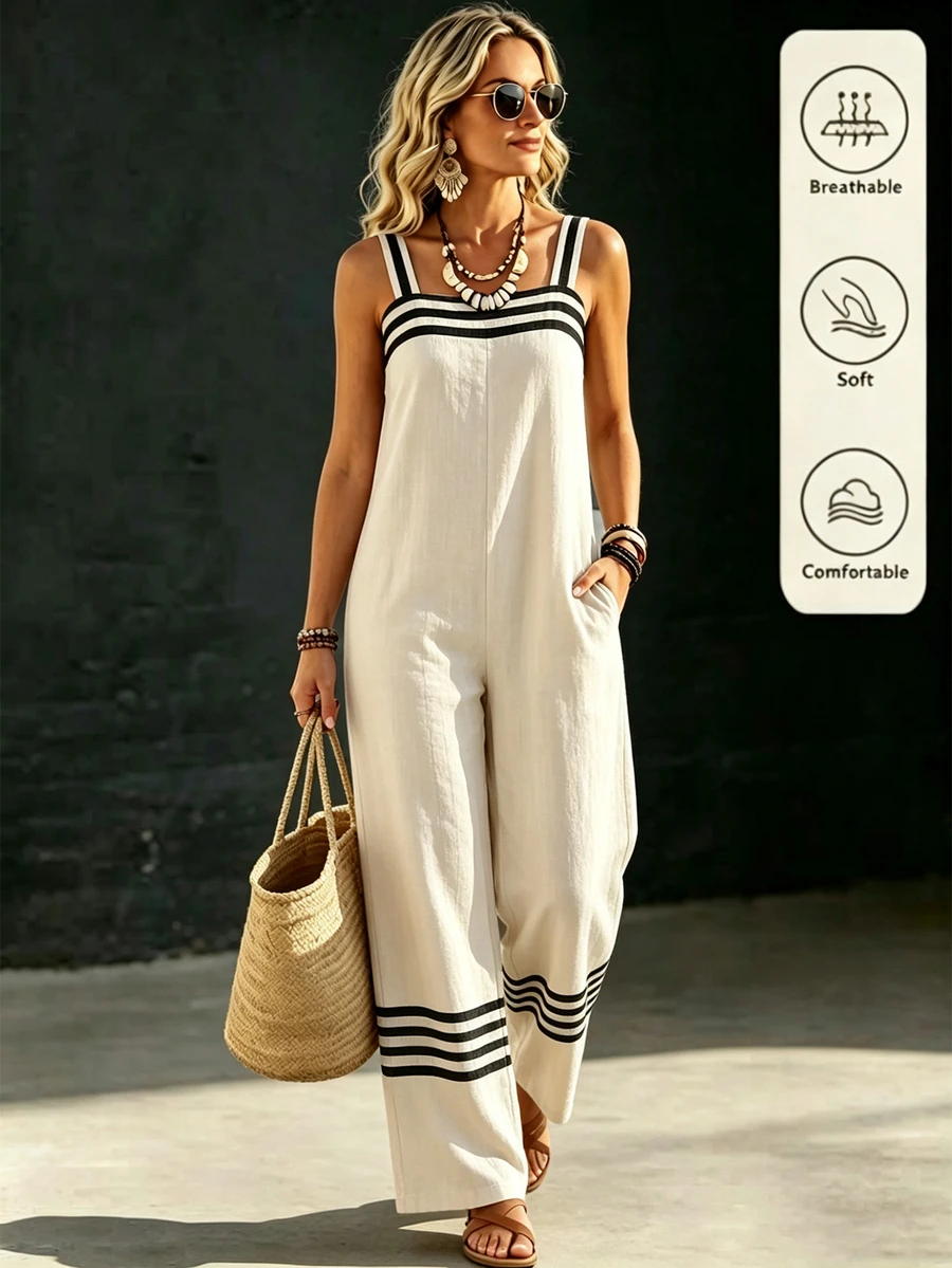 EMERY ROSE Bộ jumpsuit nữ màu kaki kẻ sọc phối màu, dáng rộng thoải mái, có túi, thích hợp cho nữ đi nghỉ mát. - Nhiều màu - Xem 1