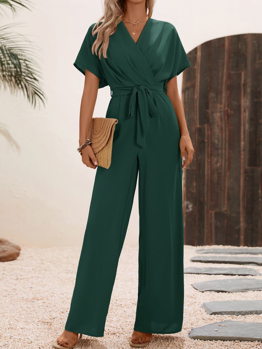 EMERY ROSE Solid Surplice Neck Belted Jumpsuit - Dark Green - View 1