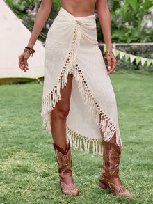 EMERY ROSE Women's Solid Color Twist Knot & Tassel Hem Skirt For Vacation Beach Fall For Women - Apricot - View 7
