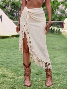 EMERY ROSE Women's Solid Color Twist Knot & Tassel Hem Skirt For Vacation Beach Fall For Women - Apricot - View 4