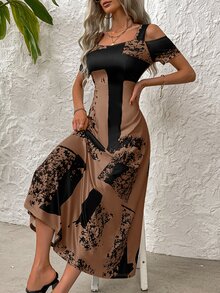 EMERY ROSE Women's Open Shoulder Short Sleeve Dress With Random Print Maxi Women Outfit - Brown - View 7