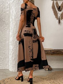 EMERY ROSE Women's Open Shoulder Short Sleeve Dress With Random Print Maxi Women Outfit - Brown - View 2