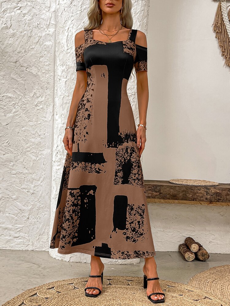 EMERY ROSE Women's Open Shoulder Short Sleeve Dress With Random Print Maxi Women Outfit - Brown - View 5