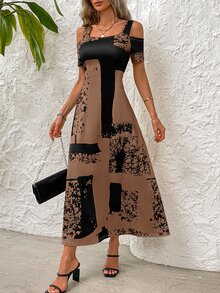 EMERY ROSE Women's Open Shoulder Short Sleeve Dress With Random Print Maxi Women Outfit - Brown - View 6
