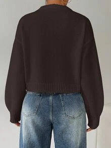 EMERY ROSE Women's Solid Color Simple Casual Crew Neck Long Sleeve White Sweater - Chocolate Brown - View 2