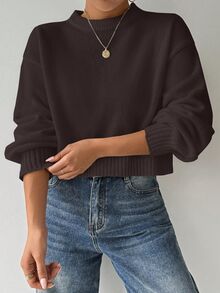 EMERY ROSE Women's Solid Color Simple Casual Crew Neck Long Sleeve White Sweater - Chocolate Brown - View 8