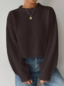 EMERY ROSE Women's Solid Color Simple Casual Crew Neck Long Sleeve White Sweater - Chocolate Brown - View 7