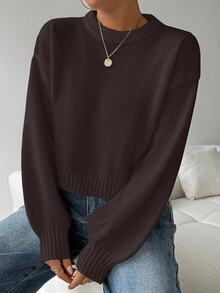 EMERY ROSE Women's Solid Color Simple Casual Crew Neck Long Sleeve White Sweater - Chocolate Brown - View 5