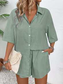 EMERY ROSE 2pcs Women Casual Plain Shirt Collar Button Up Blouse Shorts Set Beach Sage Green Summer - Mint Green - View 6