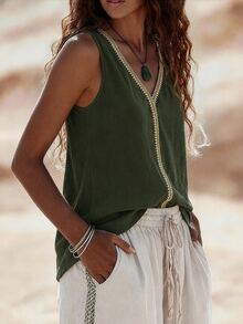 EMERY ROSE V-Neck Casual Comfortable Vacation Pastoral Relaxed Textured Women's Tank Top - Army Green - View 7