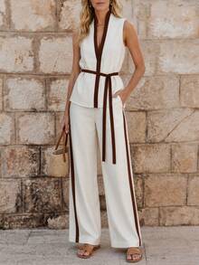 EMERY ROSE Women's Commuter Style Contrast Color Sleeveless Top And Wide Leg Pants Set, Linen-Like, Summer - White - View 4