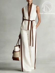 EMERY ROSE Women's Commuter Style Contrast Color Sleeveless Top And Wide Leg Pants Set, Linen-Like, Summer - White - View 2