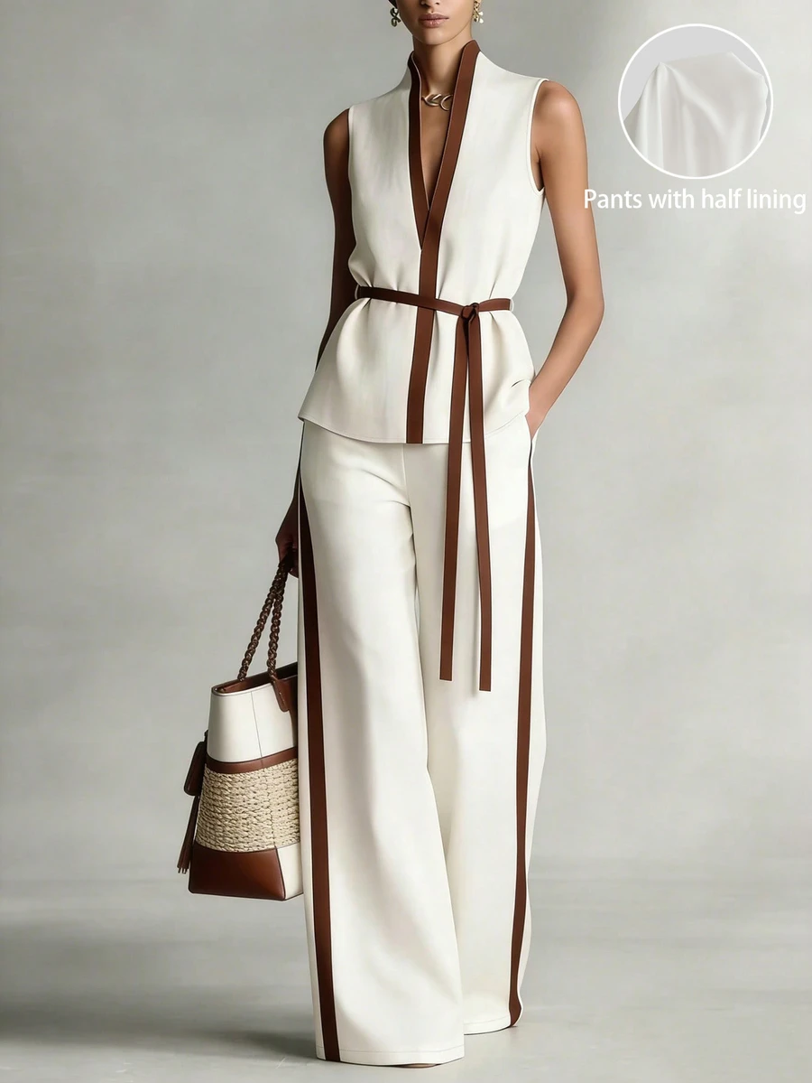 EMERY ROSE Women's Commuter Style Contrast Color Sleeveless Top And Wide Leg Pants Set, Linen-Like, Summer