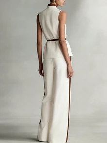 EMERY ROSE Women's Commuter Style Contrast Color Sleeveless Top And Wide Leg Pants Set, Linen-Like, Summer - White - View 3