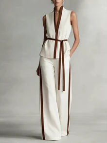 EMERY ROSE Women's Commuter Style Contrast Color Sleeveless Top And Wide Leg Pants Set, Linen-Like, Summer - White - View 5