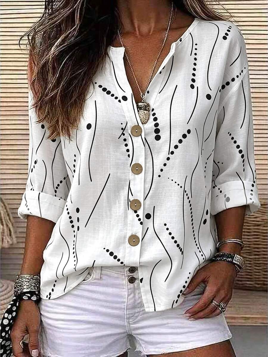 EMERY ROSE Women's Woven Printed Summer Casual Shirt - White - View 1
