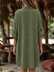EMERY ROSE Women's Plain Weave Casual Office Vacation Summer Dress Olive Green - Green - View 3