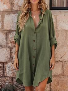 EMERY ROSE Women's Plain Weave Casual Office Vacation Summer Dress Olive Green - Green - View 4