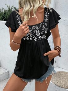 EMERY ROSE Women's Summer Square Neck Embroidered Short Sleeve Shirt Peplum Top - Black - View 6