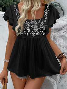 EMERY ROSE Women's Summer Square Neck Embroidered Short Sleeve Shirt Peplum Top - Black - View 4
