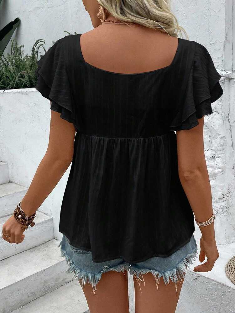 EMERY ROSE Women's Summer Square Neck Embroidered Short Sleeve Shirt Peplum Top - Black - View 2