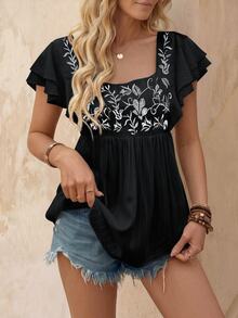 EMERY ROSE Women's Summer Square Neck Embroidered Short Sleeve Shirt Peplum Top - Black - View 3