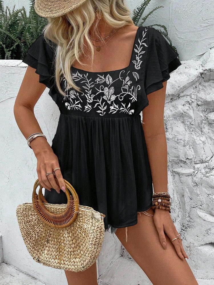EMERY ROSE Women's Summer Square Neck Embroidered Short Sleeve Shirt Peplum Top - Black - View 5