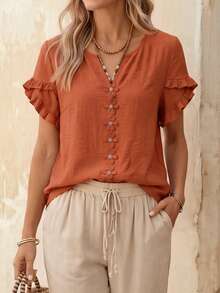 EMERY ROSE Women's Woven Casual Resort Summer Blouse - Burnt Orange - View 3