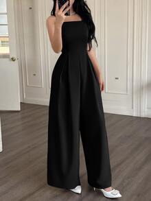 EMERY ROSE Mono de pierna ancha holgado con pliegues plegados de unicolor para uso casual y diario de verano para mujeres - Negro - Ver 6