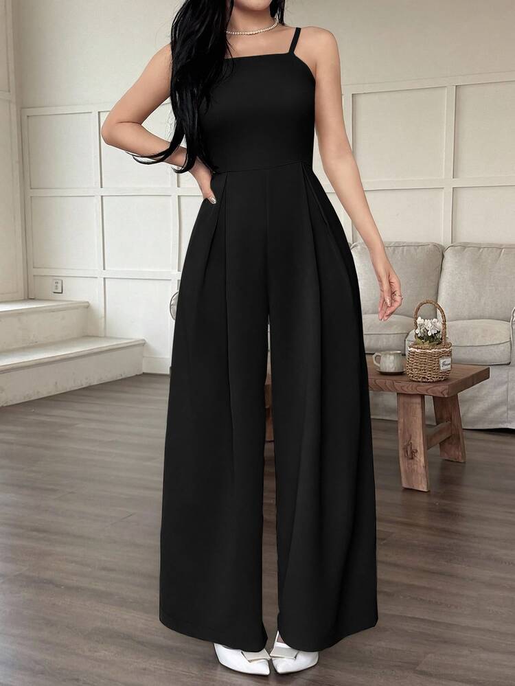 EMERY ROSE Women's Summer Casual Everyday Commute Solid Color Fold Pleated Loose Wide Leg Jumpsuit - Black - View 5