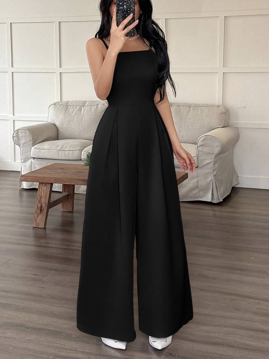 EMERY ROSE Mono de pierna ancha holgado con pliegues plegados de unicolor para uso casual y diario de verano para mujeres - Negro - Ver 1
