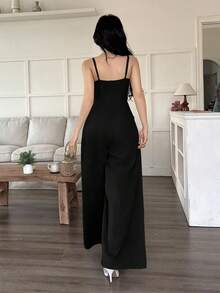 EMERY ROSE Mono de pierna ancha holgado con pliegues plegados de unicolor para uso casual y diario de verano para mujeres - Negro - Ver 2