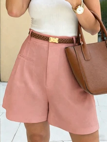 SHEIN PariChic Women's Casual Pleated Loose Shorts, Solid Color, Suitable For Daily Wear And Commuting, Summer - Baby Pink - View 4