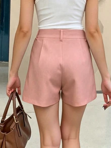 SHEIN PariChic Women's Casual Pleated Loose Shorts, Solid Color, Suitable For Daily Wear And Commuting, Summer - Baby Pink - View 2