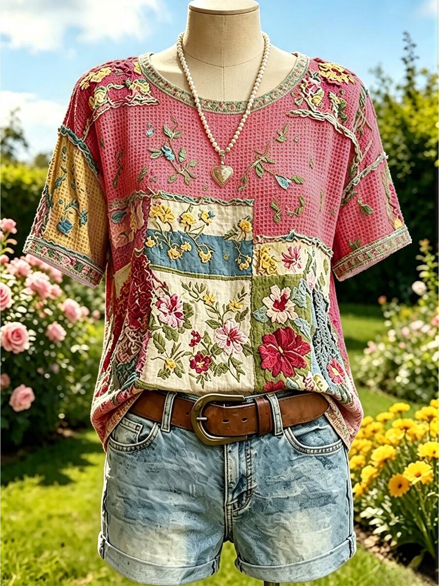 Selamara Boho Patchwork Floral Short Sleeve Tee Vintage Raw Edge Loose Crew Neck Top - Multicolor - View 1
