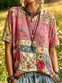 Selamara Boho Patchwork Floral Short Sleeve Tee Vintage Raw Edge Loose Crew Neck Top - Multicolor - View 4