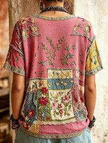 Selamara Boho Patchwork Floral Short Sleeve Tee Vintage Raw Edge Loose Crew Neck Top - Multicolor - View 2
