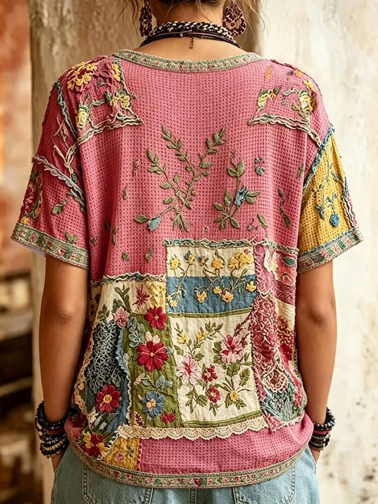 Selamara Boho Patchwork Floral Short Sleeve Tee Vintage Raw Edge Loose Crew Neck Top - Multicolor - View 2