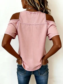 EMERY ROSE New Arrival Dusty Pink Denim Effect Cold Shoulder Casual Sexy Versatile Regular Top For Women Travel Summer - Multicolor - View 2