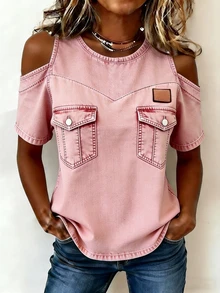 EMERY ROSE New Arrival Dusty Pink Denim Effect Cold Shoulder Casual Sexy Versatile Regular Top For Women Travel Summer - Multicolor - View 4