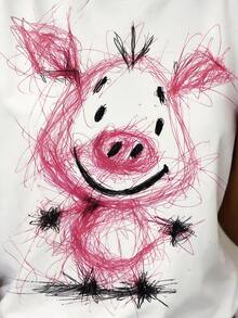 EMERY ROSE Women's Cartoon Pig Print Casual Round Neck Short Sleeve T-Shirt - Multicolor - View 5