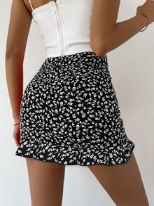 EMERY ROSE Ditsy Floral Ruched Detail Ruffle Hem Skirt Vacation Beach Outfits Women - Black and White - View 3