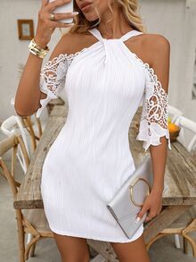 EMERY ROSE Vestido casual de manga corta con escote en V, hombros descubiertos, espalda descubierta y parches de encaje floral, vestido de playa/vacaciones de encaje hueco y de ganchillo blanco de moda para primavera/verano - Blanco - Ver 4