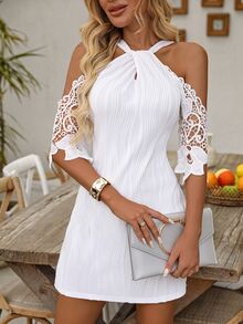 EMERY ROSE Vestido casual de manga corta con escote en V, hombros descubiertos, espalda descubierta y parches de encaje floral, vestido de playa/vacaciones de encaje hueco y de ganchillo blanco de moda para primavera/verano - Blanco - Ver 9