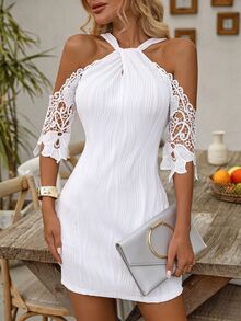 EMERY ROSE Vestido casual de manga corta con escote en V, hombros descubiertos, espalda descubierta y parches de encaje floral, vestido de playa/vacaciones de encaje hueco y de ganchillo blanco de moda para primavera/verano - Blanco - Ver 7