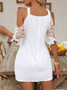 EMERY ROSE Vestido casual de manga corta con escote en V, hombros descubiertos, espalda descubierta y parches de encaje floral, vestido de playa/vacaciones de encaje hueco y de ganchillo blanco de moda para primavera/verano - Blanco - Ver 2